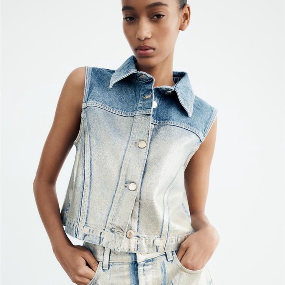 ZARA Metallic Foil Waxed Denim Cropped Jean Vest BLUE/GOLD Size S NEW
